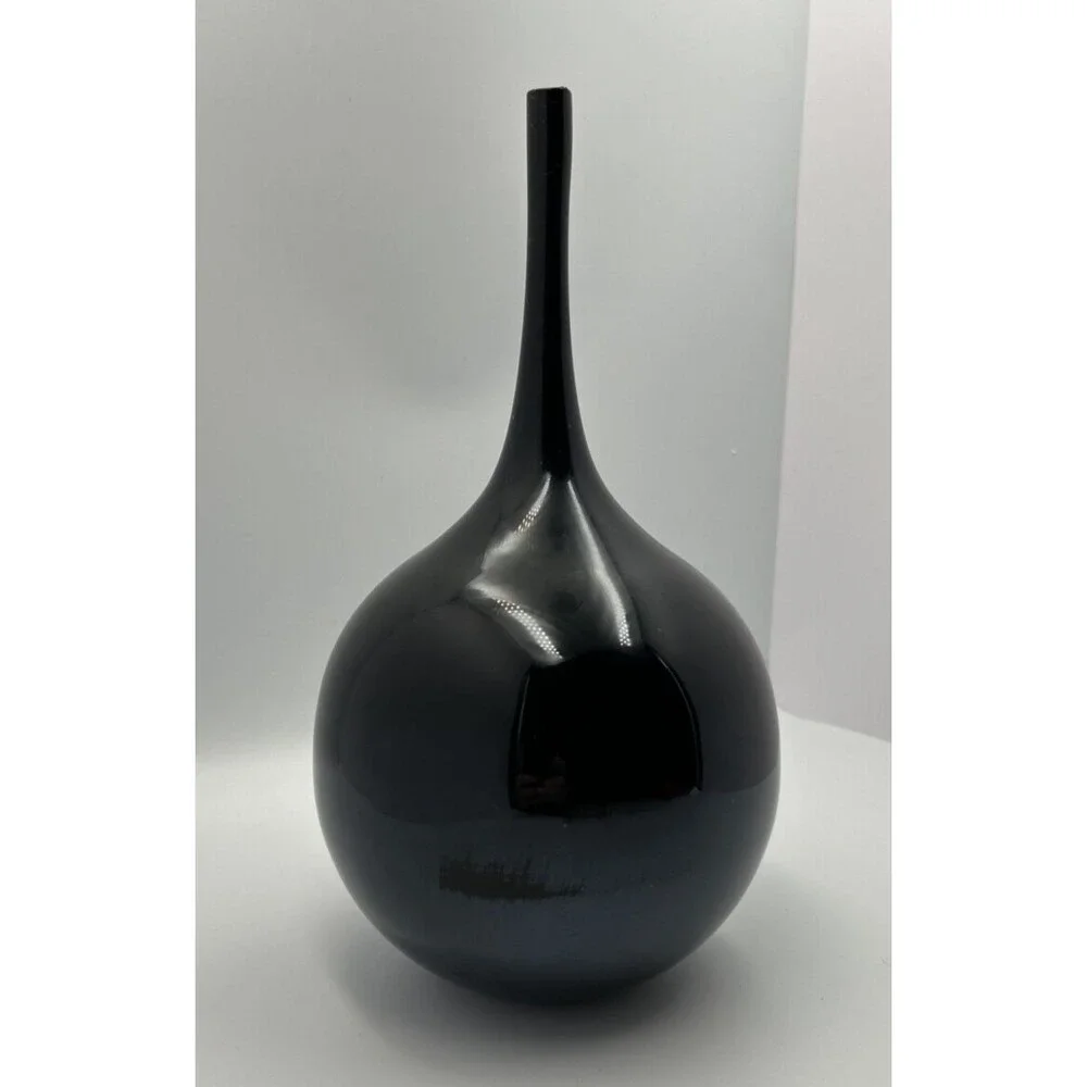 Black Art Glass Vase Long Neck Teardrop Modern MCM Style 12